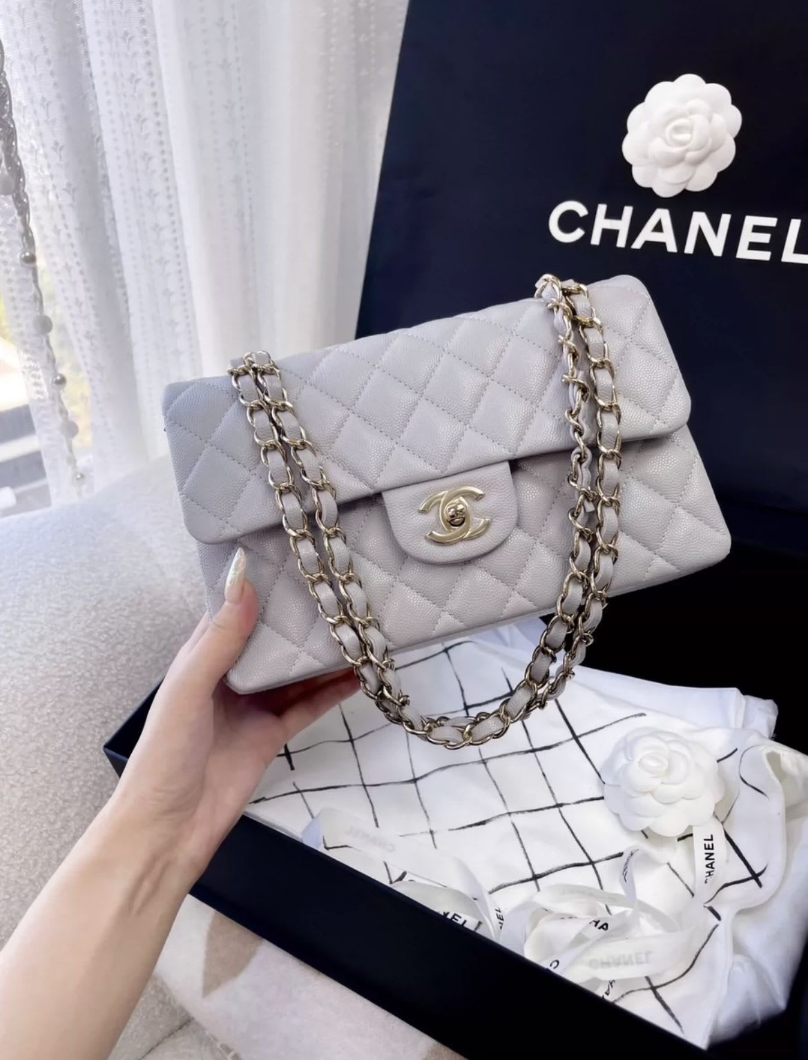 Chanel Small Classic Double Flap Pearl Grey Caviar Gold Hardware