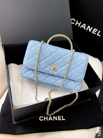 Chanel 23A Sky Blue Gold Hardware Chain Top Handle Quilted Leather Bag