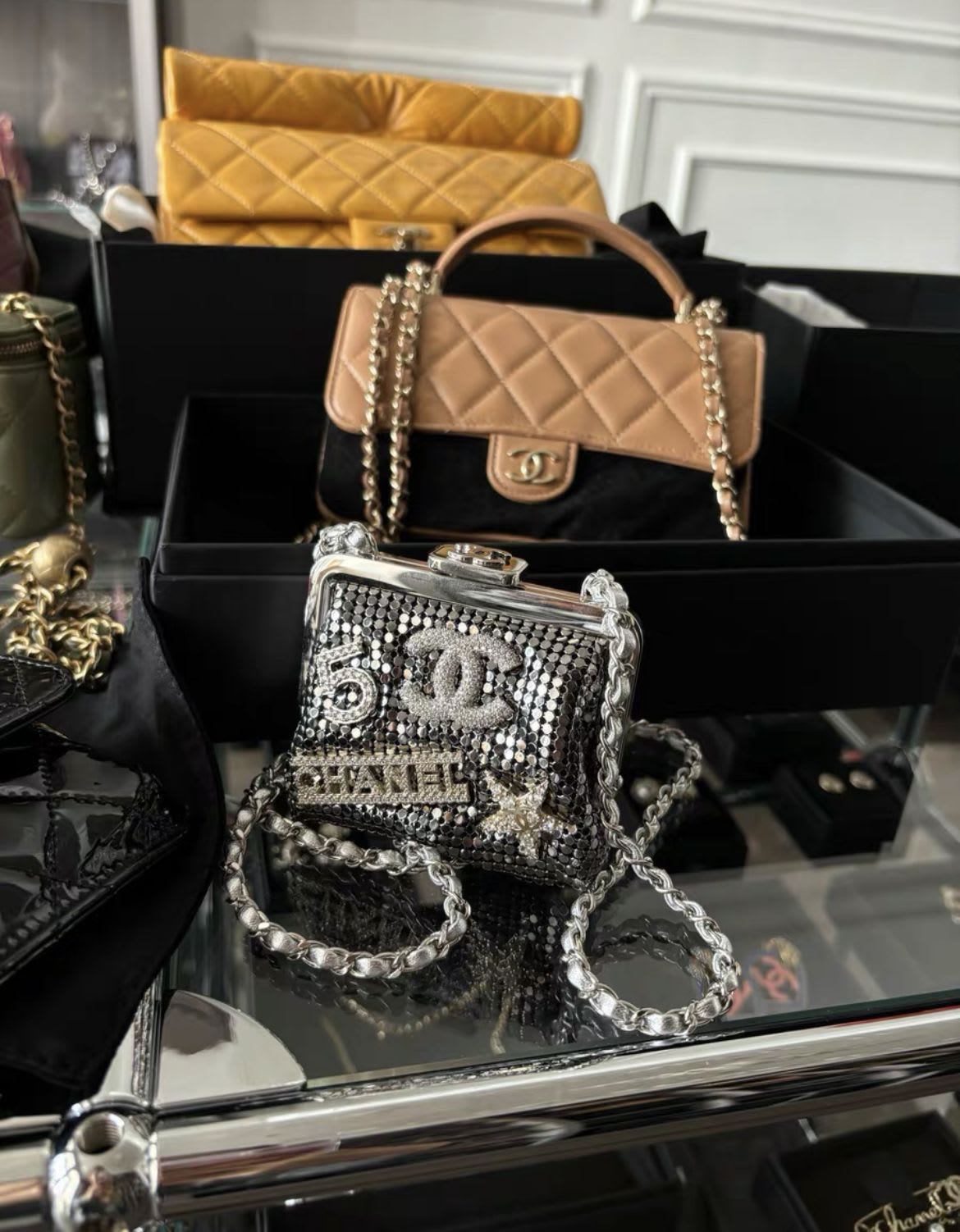 Chanel Luxury Leather Silver Clutch Silver