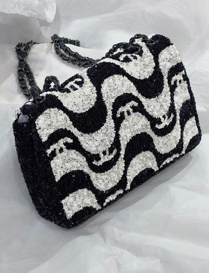 Chanel 21C Black And White Sequin Graffiti Logo Medium Classic Single Flap Ruthenium Hardware