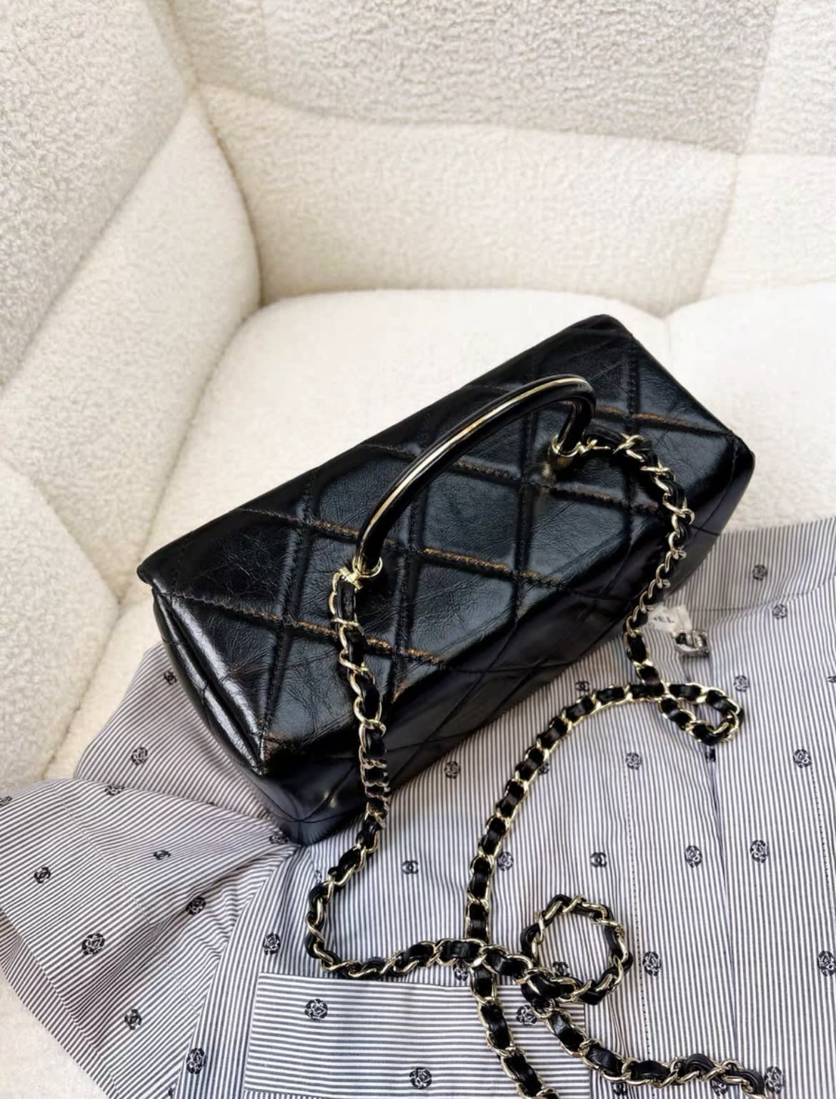 Chanel 23K Waxed Leather Black Gold Long Vanity Bag