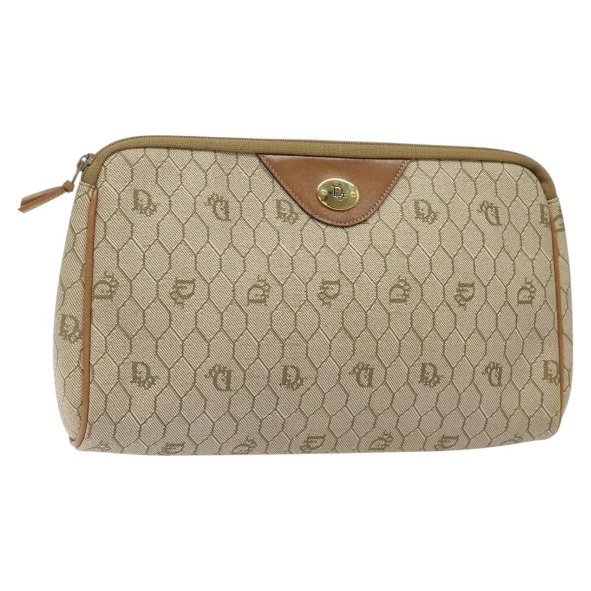 Christian Dior Honeycomb Zip Pouch Coated Canvas Beige Pvc Clutche Pouche Bag