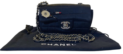 Chanel 04A Black Satin Mini Micro Square Quilted Lipstick Mirror Charm Flap Bag