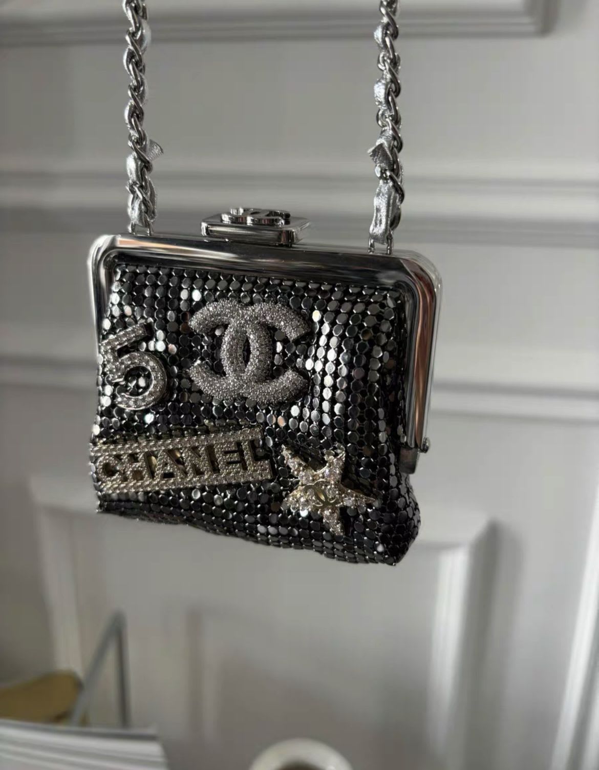 Chanel Luxury Leather Silver Clutch Silver