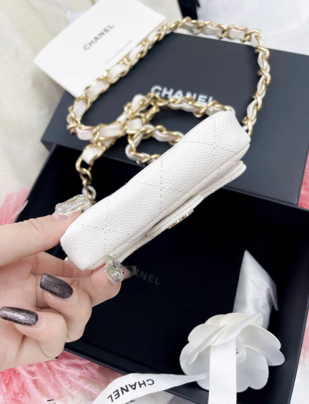 Chanel White Gold Lychee Leather Belt Bag
