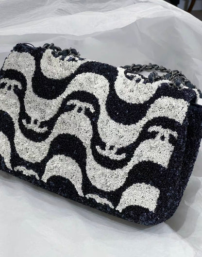 Chanel 21C Black And White Sequin Graffiti Logo Medium Classic Single Flap Ruthenium Hardware