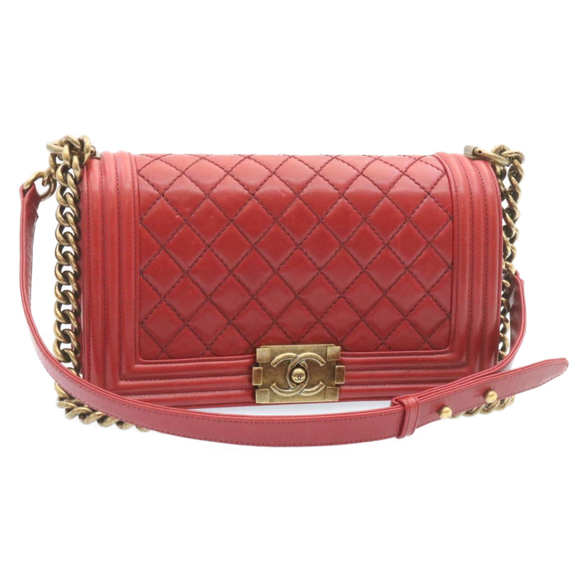 Chanel Boy Matelasse Chain Flap Shoulder Bag Leather Red CC Auth knn010
