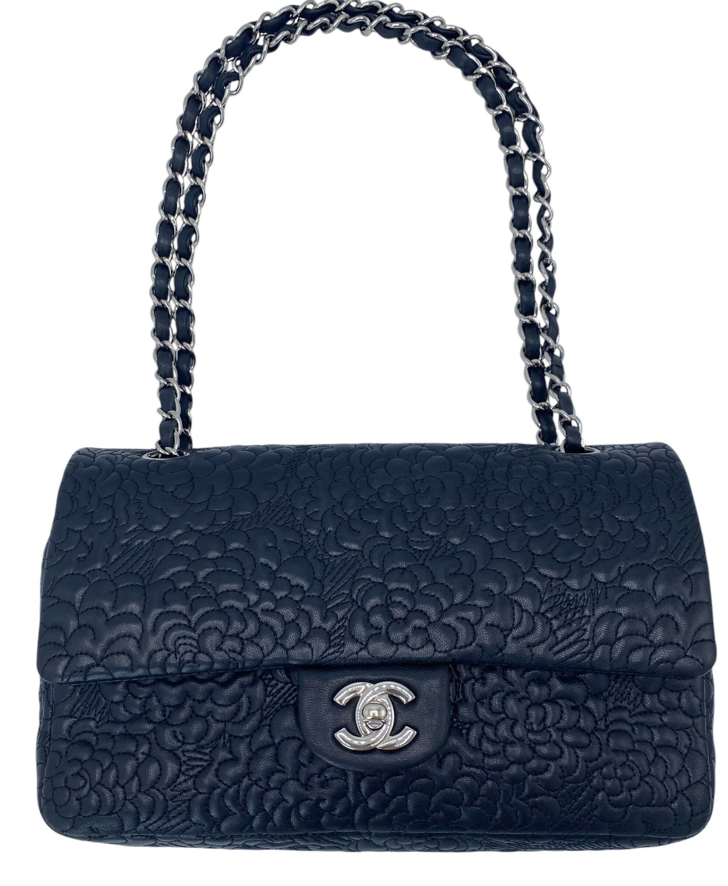 Chanel Black Camellia Embossed Lambskin Classic Timeless Medium Double Flap Bag Shw
