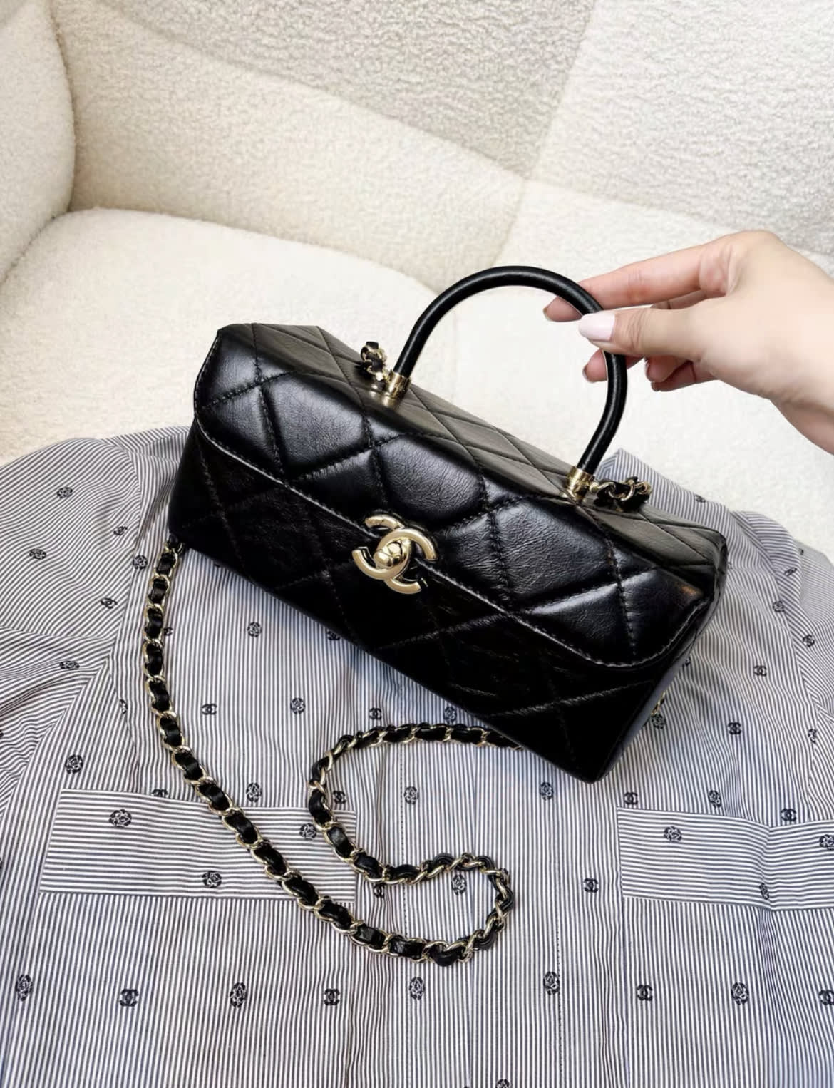 Chanel 23K Waxed Leather Black Gold Long Vanity Bag