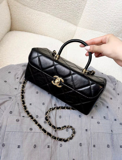 Chanel 23K Waxed Leather Black Gold Long Vanity Bag