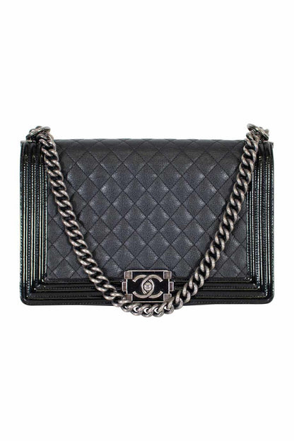 Chanel Black grained calfskin quilted 'Boy' bag with ruthenium-finish hardware and patent border in 'New Medium' size