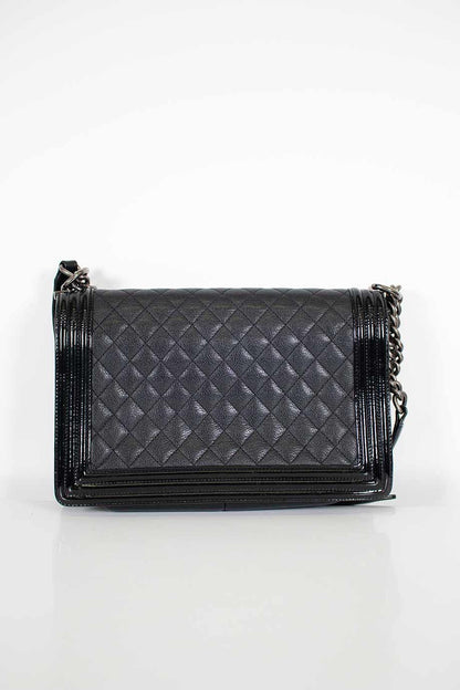 Chanel Black grained calfskin quilted 'Boy' bag with ruthenium-finish hardware and patent border in 'New Medium' size