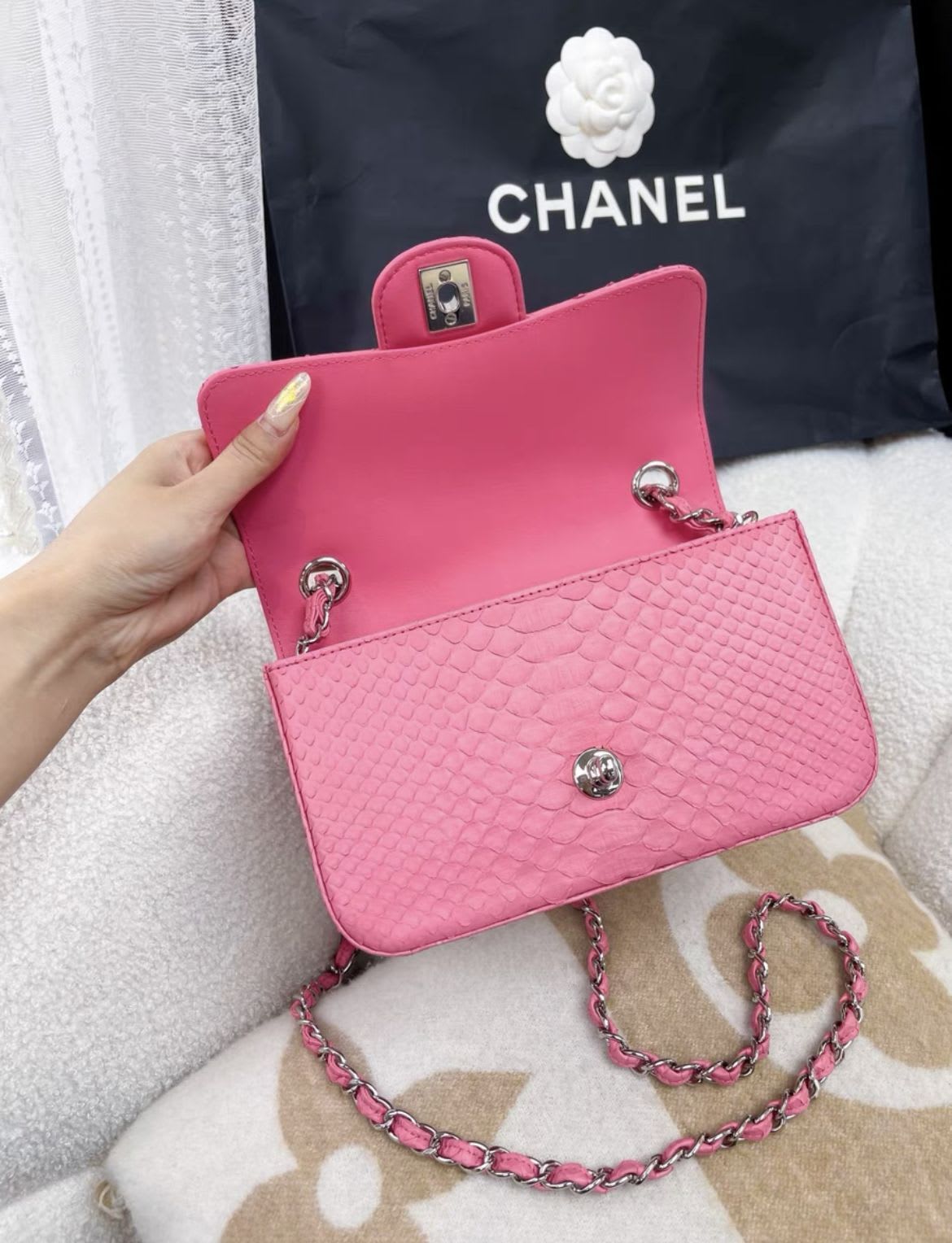 Chanel Pink Snake Leather Cf Large Mini