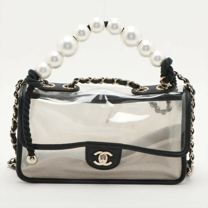 Chanel Black Lambskin Pvc Sand By The Sea With Pearl Strap Flap Bag