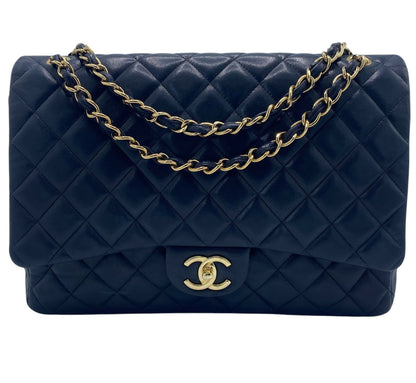 Chanel Maxi Dark Navy Lambskin Timeless Classic Double Flap Bag Gold Hardware Ghw