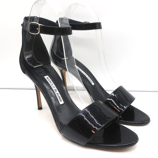Manolo Blahnik Tres Ankle Strap Sandals Black Patent Leather Size 39