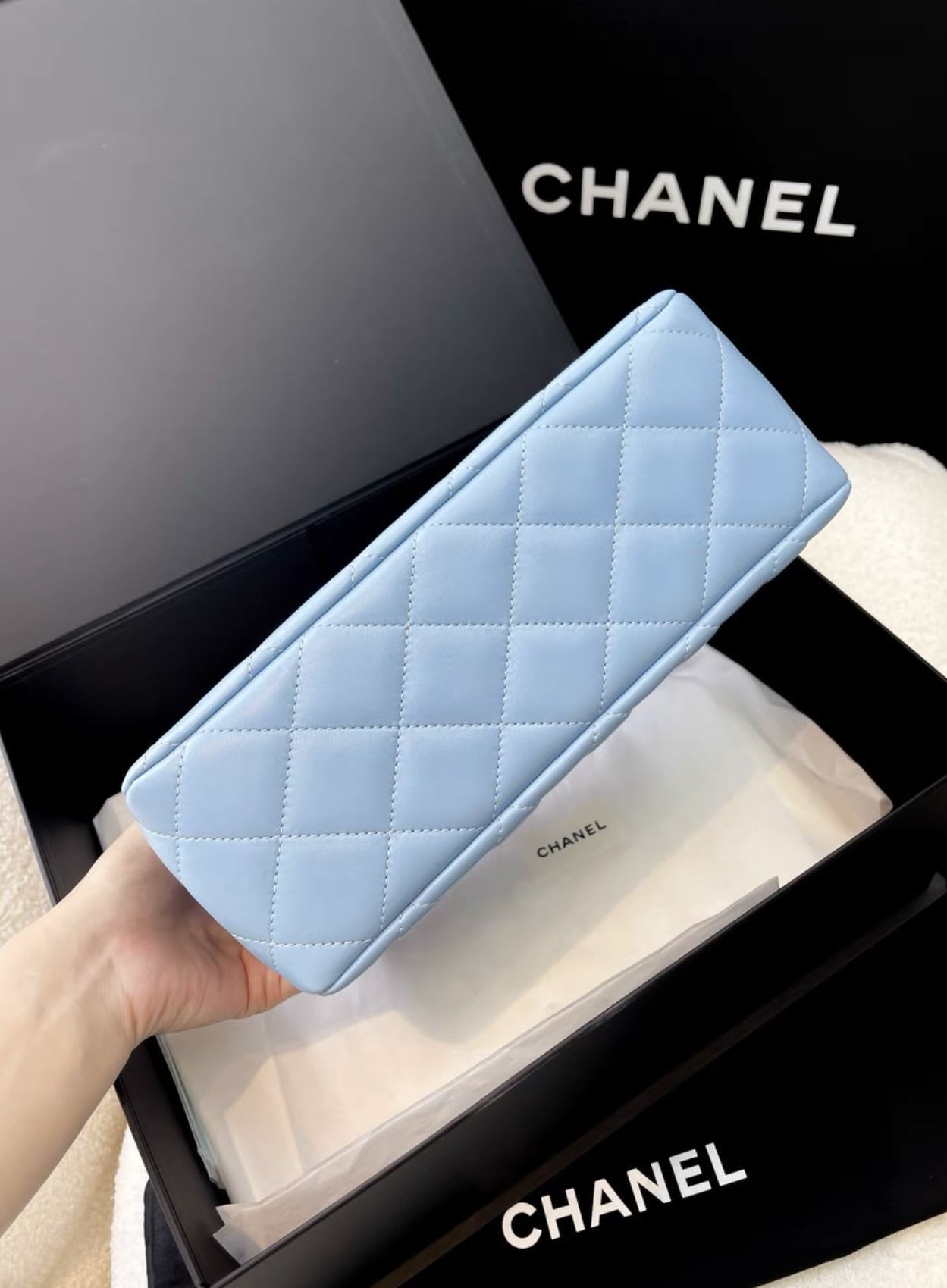 Chanel 23A Sky Blue Gold Hardware Chain Top Handle Quilted Leather Bag