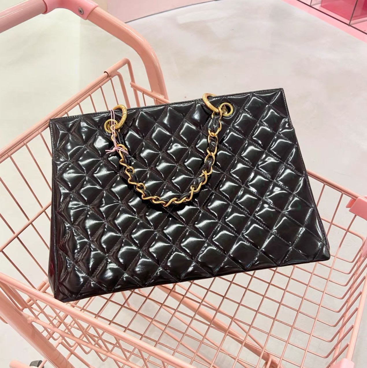 Chanel Black Quilted Patent Leather Large Tote Bag With Gold Hardware