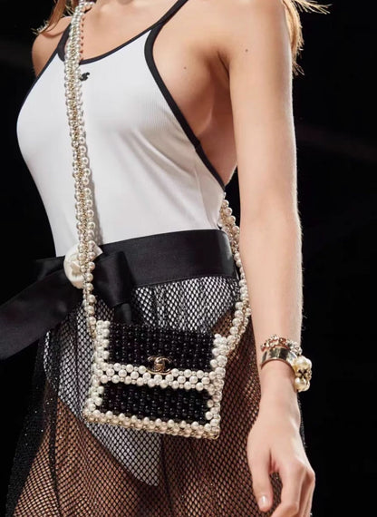 Chanel 22S Black White Pearl Evening Bag