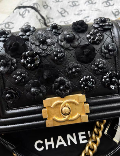 Rare Chanel Limited Edition Leboy Camellia Flower Black Leather Chain Bag