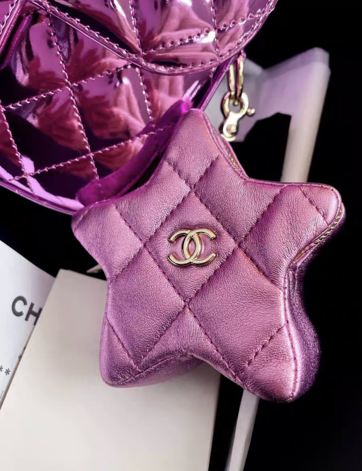 24C Chanel Purple Mirrored Metallic Mini Square Flap Bag Star Handbag