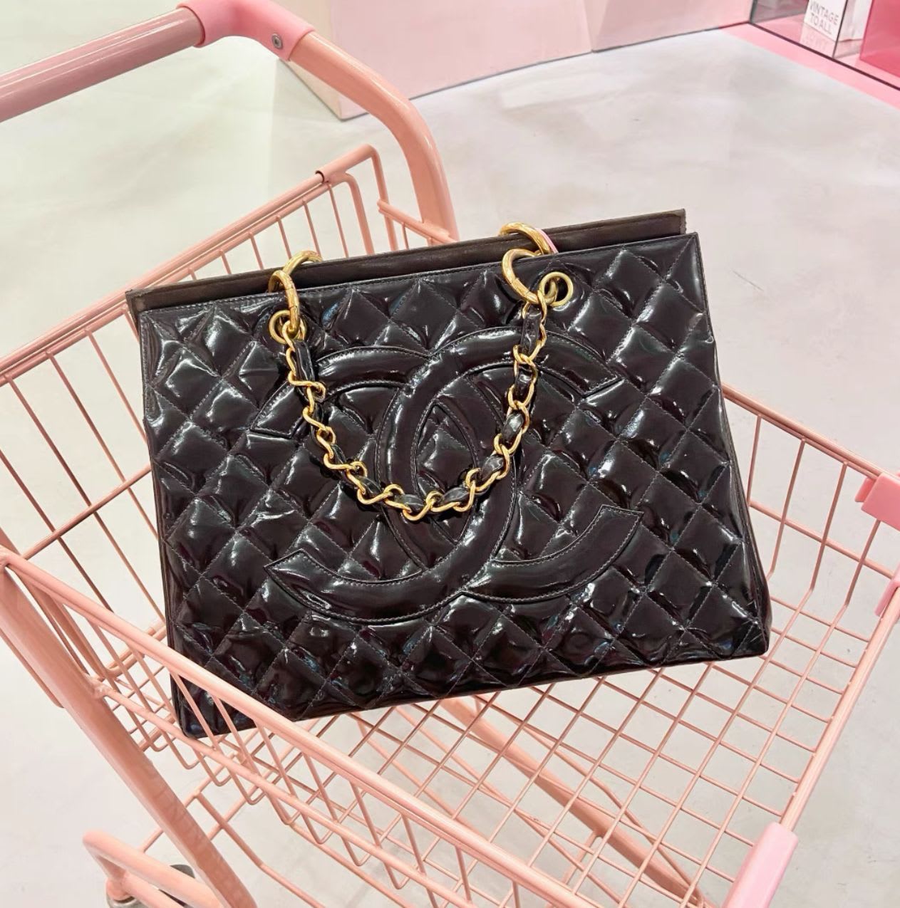Chanel Black Quilted Patent Leather Large Tote Bag With Gold Hardware