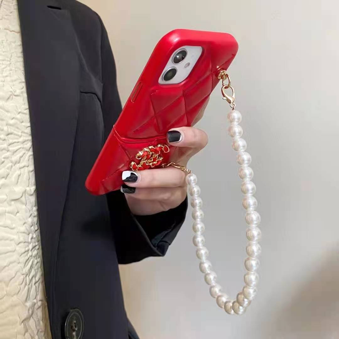 Leather card pearl bracelet phone case For iphone